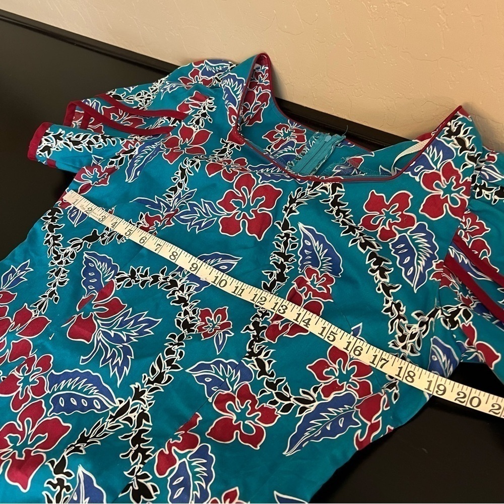 Hilo Hattie Hawaiian midi/maxi dress, turquoise and red, tropical print sz 14 - Picture 9 of 13